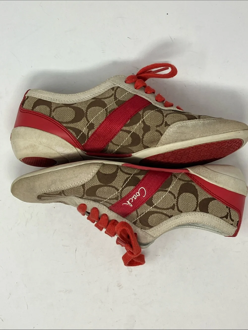 Coach Baylee Signature C Canvas Suede Sneakers Red Tan Sz 7.5 A1474